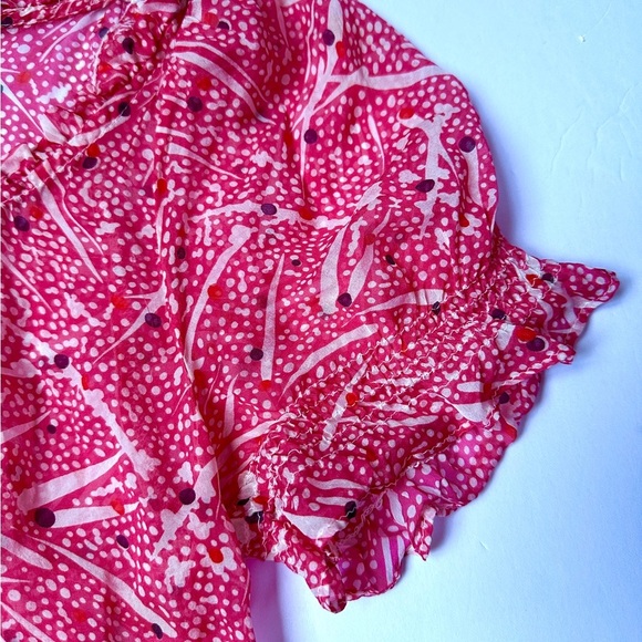 Zara Basic Women’s Top Silk Red Sz Medium Patterned Short Sleeve Ruffled - Picture 7 of 9